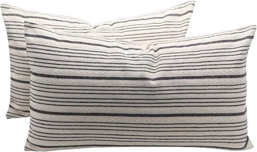 Miniatura 11 de Fundas de almohada negras de lino para granja, fundas de almohada decorativas a rayas para exteriores, fundas de almohada cuadradas para sofá, cama