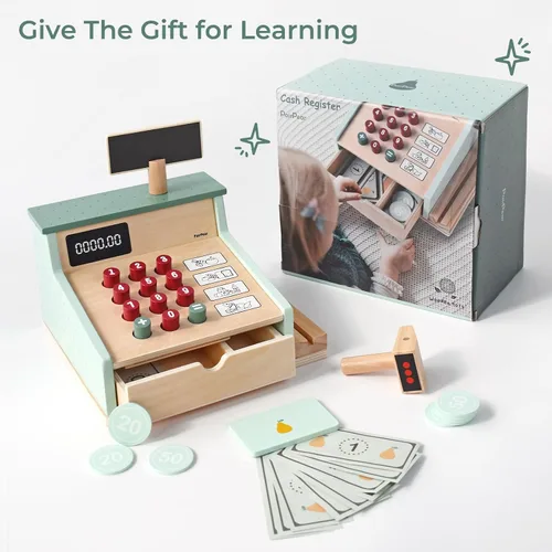 Miniatura 7 de PairPear Caja Registradora de Juguete de Madera, Juguetes de Juego de Simulación para Contar Dinero para Niños con Escáner y Tarjeta de Crédito