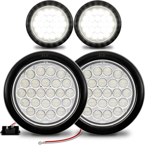 Miniatura 12 de Faro trasero redondo de 4 pulgadas con 24 LED de luz blanca clara, para reversa de camiones RV. Certificado DOT, ojal y enchufe incluidos Rojo