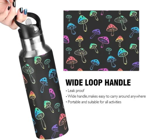 Miniatura 4 de Insulated Water Bottle 20 Oz, Leakproof Water Bottles for Gym Outdoor Travel School, Vibrant Mushrooms Black