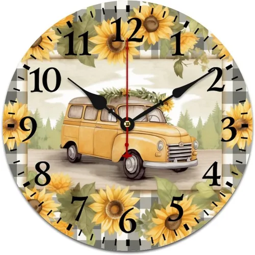 Miniatura 10 de Relojes de pared de 16 pulgadas, girasol con abejas y hojas, movimiento de cuarzo decorativo de madera, número arábigo, mariposa, girasol, reloj