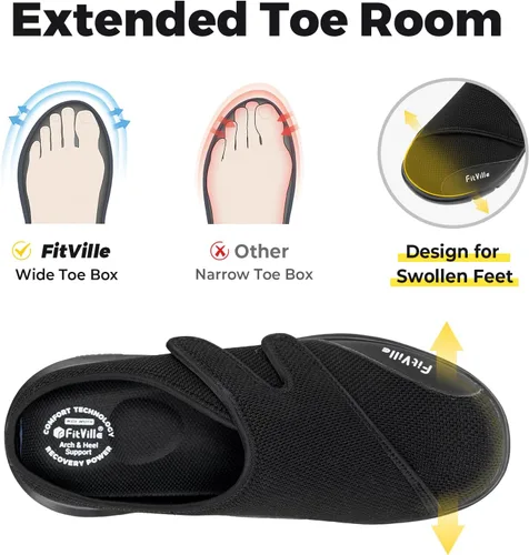 Miniatura 2 de FitVille Zapatos para diabéticos para hombre, sin cordones, para pies hinchados, extra anchos, ajustables, zapatos para caminar para fascitis