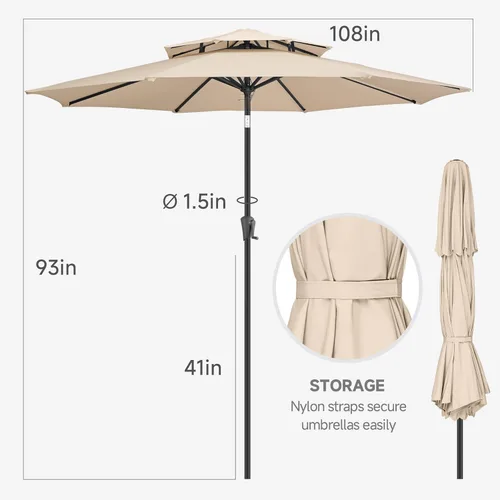 Miniatura 4 de FLAME&SHADE Sombrilla de Patio de 9 pies - Sombrilla para Exteriores de 2 Niveles con Botón de Inclinación y Manivela para Protección UV, Sombrilla