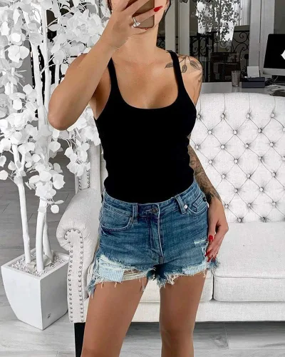 Miniatura 2 de Ivay Camisetas sexy de verano para mujer, cuello redondo, sin mangas, de algodón acanalado, básicas, casuales, de entrenamiento
