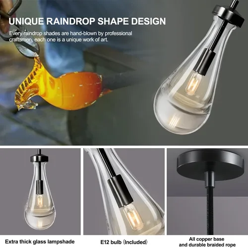 Miniatura 7 de Luces Colgantes Modernas en Forma de Gota de Lluvia Juego de 2, Luces Colgantes de Bronce para Isla de Cocina, Luz Colgante Negra Luces de Isla