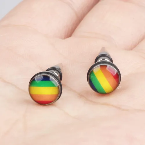 Miniatura 2 de Pendientes de tuerca de acero inoxidable 316L con orgullo gay lesbiano arco iris, triángulo redondo LGBT, aretes de tuerca de arco iris a la moda