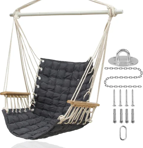 Silla hamaca colgante con reposabrazos de madera; barra separadora de acero y anillos antideslizantes; tela tejida de algodón; hasta 300 libras para