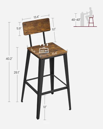 Miniatura 7 de VASAGLE Juego de 2 taburetes de bar, taburetes de barra de altura, taburetes de bar de 29.1 pulgadas de alto con respaldo, sillas de barra para isla