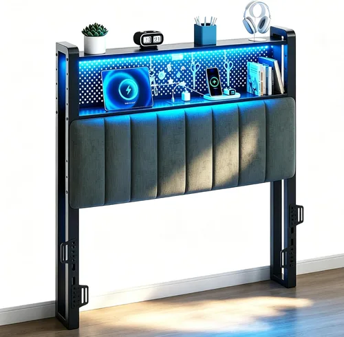 Miniatura 13 de VINGLI Cabecera LED Queen con 3 estantes de almacenamiento y estación de carga, moderna cabecera tapizada con luces RGB, puertos USB y toma de Lino