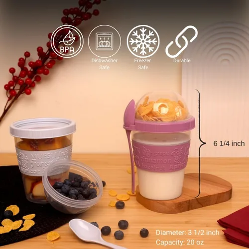 Miniatura 2 de Salda Paquete de 4 tazas de desayuno sobre la marcha, taza de yogur para llevar y llevar con cobertura de cereales con cuchara, frasco de avena