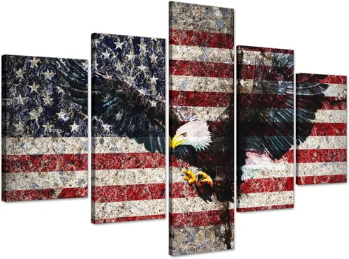 Miniatura 22 de Arte de pared de concepto patriótico, pintura de bandera estadounidense y británica, lienzo de estrellas y rayas, 5 paneles, arte moderno americano