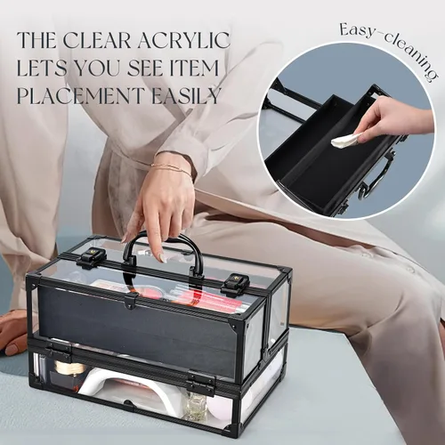 Miniatura 3 de FRENESSA Estuche de maquillaje portátil para cosméticos, caja organizadora de artículos de tocador, estuche de acrílico transparente para artistas
