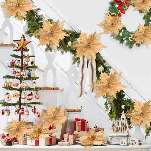 Miniatura 4 de Flores de Pascua de Navidad con purpurina de 10'' de stadeco, 10 unidades, adornos de árbol de Navidad con flores artificiales con tallos largos