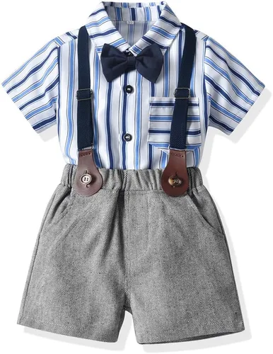 Miniatura 2 de JMOORY Conjunto de ropa para bebé y niño, manga corta, con lazo y tirantes cortos para caballero