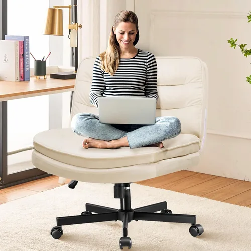 COMHOMA Silla cruzada con ruedas, silla de oficina con patas cruzadas sin brazos, silla de escritorio ancha para oficina en casa, silla giratoria