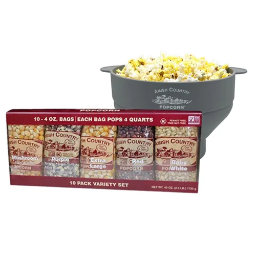 Amish Country Popcorn - Juego de regalo de 4 onzas (10 unidades surtidas) y paquete de palomitas de maíz de silicona gris | Popper es libre de BPA y