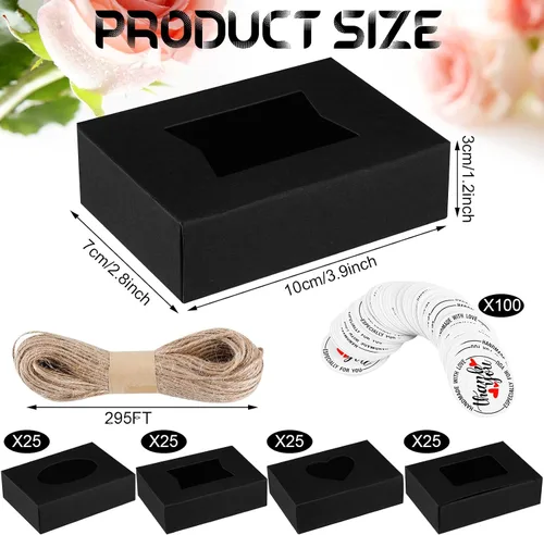 Miniatura 2 de Kosiz Paquete de 100 cajas de jabón Kraft con ventanas transparentes, 4 diseños de ventanas, kit de recuerdos de fiesta con etiquetas y cuerda, Negro