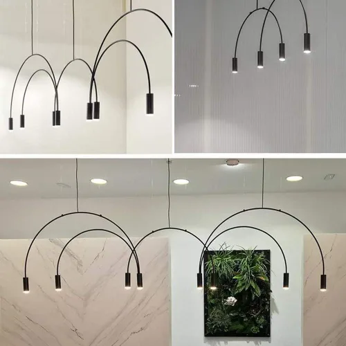 Miniatura 4 de Líneas geométricas nórdicas forma arqueada colgante de luz altura ajustable lámpara de metal iluminación negro oro moderno lámpara colgante