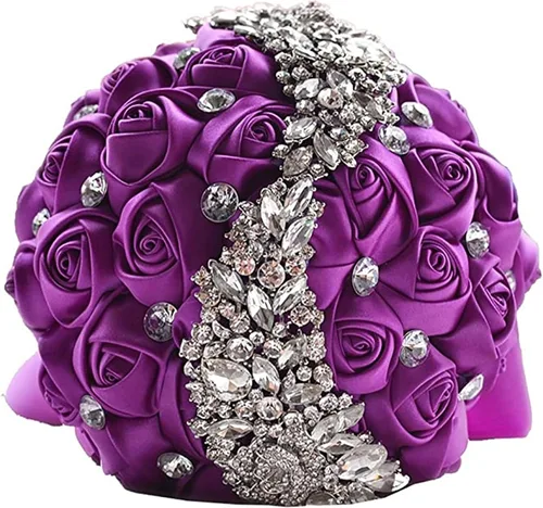 Miniatura 9 de XINNI Ramo de boda verde esmeralda para novia, dama de honor, satén rosa, ramo de boda con diamantes de imitación en forma de lluvia de meteoritos