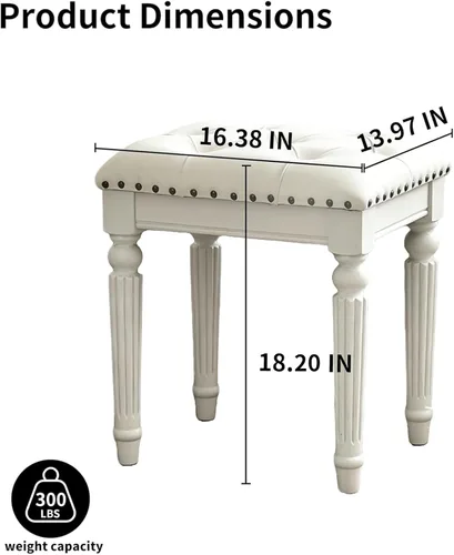 Miniatura 3 de Taburete de tocador con cojín de piel sintética blanca, pequeño asiento de cuero sintético con ribete de cabeza de clavo y diseño copetudo, patas