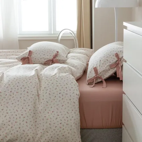 Miniatura 3 de MKXI Juego de ropa de cama con diseño de corbata de moño linda y rayas de flores rosas, tamaño individual, de algodón - Funda de edredón