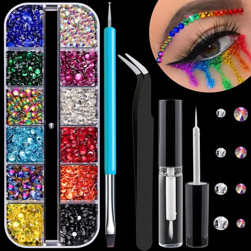 Kit de gemas faciales redondas con parte trasera plana (colorido) para maquillaje con pegamento de secado rápido + cepillo + pinzas, diamantes de