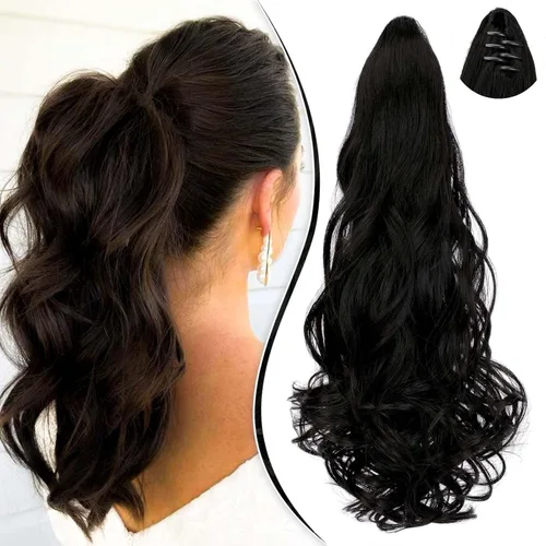 Miniatura 18 de Extensión de cola de caballo de 18 pulgadas, rizado, ondulado, con clip, extensiones de cabello largo sintético para mujer, color marrón claro