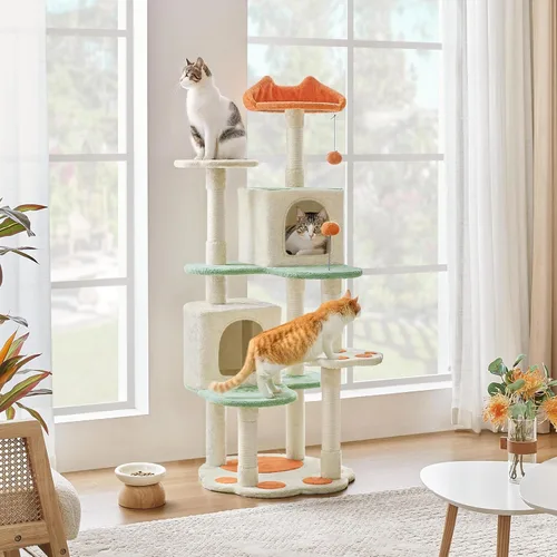 Miniatura 2 de Yaheetech Torre de árbol para gatos de 57.5 pulgadas, centro de actividades multifuncional con plataforma en forma de pata de gato, postes
