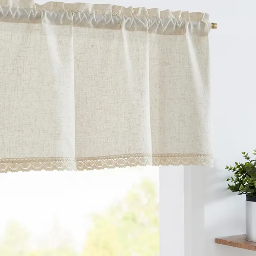 jinchan - Cenefa de lino con borde de encaje, cenefa rústica de estilo granja para ventana de 16 pulgadas, tratamiento para ventana pequeña, para