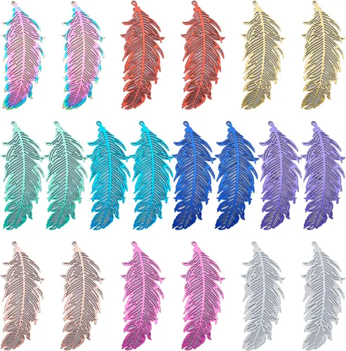 40 dijes de plumas de acero inoxidable, 10 colores, colgantes de filigrana, dijes de conector de plumas, componentes huecos, enlaces de adornos de