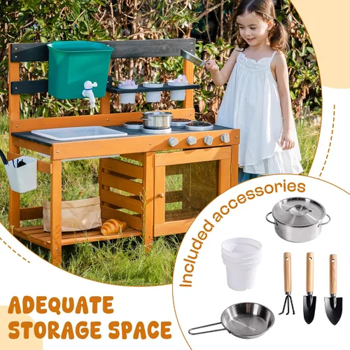 Miniatura 5 de ROBUD Cocina de Barro para Niños al Aire Libre, Cocina de Juego de Madera al Aire Libre, Cocina de Barro para Niños con Fregadero y Grifo