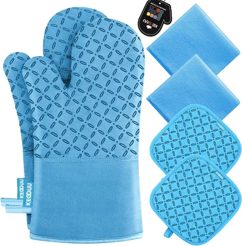 KEGOUU Juego de 6 manoplas para horno y soportes para ollas, guantes para horno de cocina, resistentes al calor, 500 grados, extra largos, Azul cielo