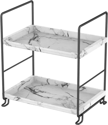 Miniatura 8 de Estante organizador de especias de 2 niveles para baño, estante de almacenamiento de encimera, estante de almacenamiento de cosméticos de pie negro