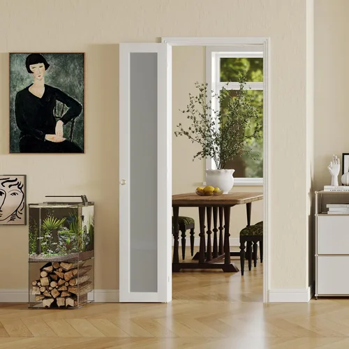 Miniatura 14 de Puerta plegable de 180 grados, para aberturas de 30 ″ x 80 ″, puerta plegable esmerilada blanca 3-Lite con bisagras, juego de herrajes para puertas
