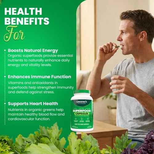 Miniatura 6 de Greens+ Superfood Organic Super Greens Cápsulas vegetales con clorela orgánica, espirulina, alfalfa y pasto de trigo, suplemento mezclado