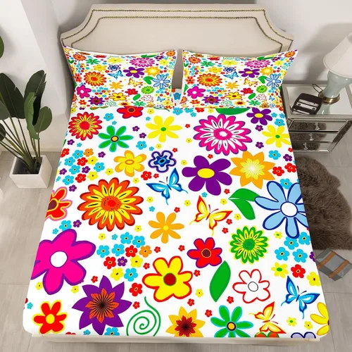 Miniatura 11 de Juego de ropa de cama de flores Groovy de los años 70, sábana bajera ajustable de flores de arco iris para niños y niñas, sábanas de ropa de cama