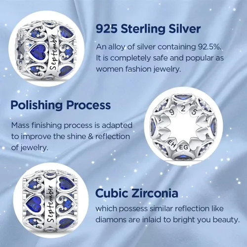 Miniatura 2 de Dijes de piedra natal con forma de corazón para pulseras y collares, plata de ley 925 con circonita cúbica 5A