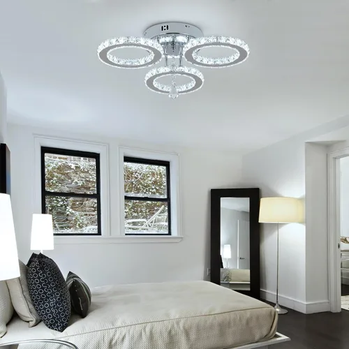 Miniatura 3 de Deckrico Moderno candelabro de cristal de montaje empotrado, lámpara de techo colgante de acero inoxidable de 3 anillos redondos para sala de estar