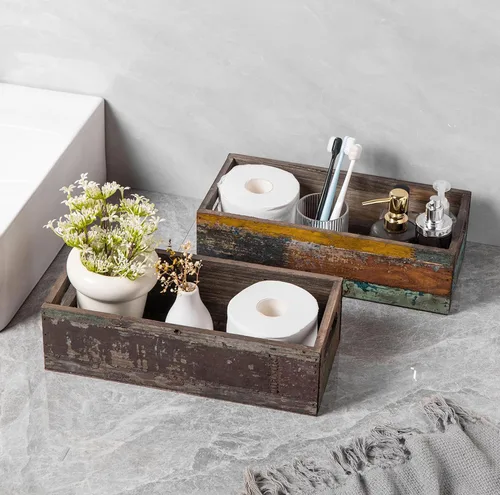 Miniatura 7 de TIMRIS Caja de almacenamiento de madera envejecida de granja, caja de decoración rústica para baño, cesta decorativa para tanque de inodoro Nice