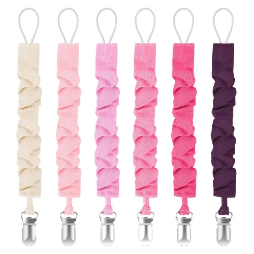 Miniatura 8 de TenderBabe Clip para chupete, paquete de 6 clips para chupete con adorable diseño de volantes, clips suaves y flexibles para bebé niña y niño Azul