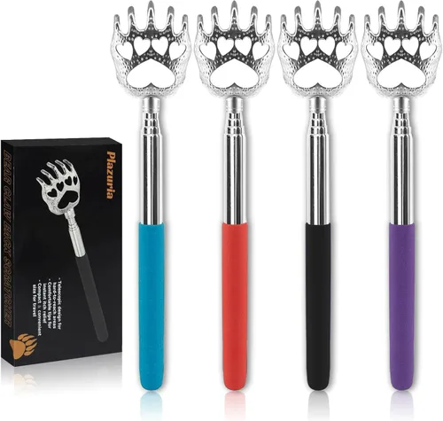 (Paquete de 4) Rascadores de Espalda Extensibles - Garras de Metal con Mangos de Goma Telescópicos - Rellenos de Media para Hombres, Mujeres, Niños