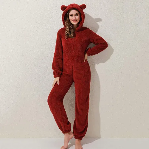Miniatura 8 de Pijama de forro polar para mujer, mameluco cálido de sherpa, ropa de dormir de una pieza con cremallera y capucha
