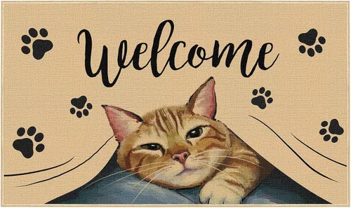 Heyfibro Tapete de bienvenida para puerta de gato, tapete antideslizante de huella de mascota, decoración familiar, 29 x 17 pulgadas, tapete de goma