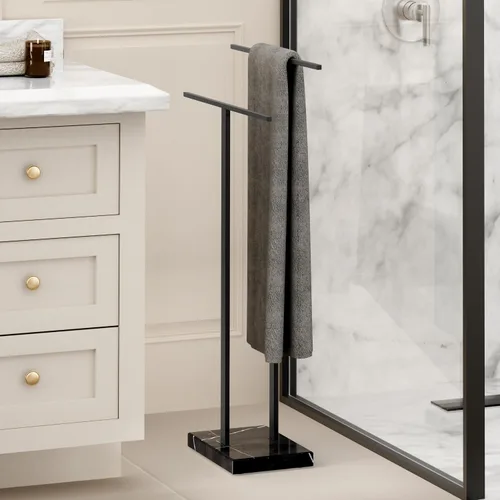 Miniatura 6 de KES Soporte de toallas de pie con base de mármol natural negro, soporte de toallero de 2 niveles para piso de baño, soporte para toallas de baño