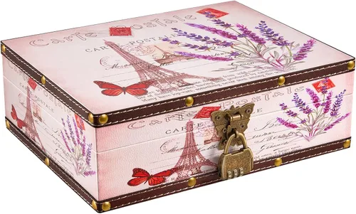 Miniatura 10 de Cofre del tesoro de madera y cuero con tapa y cerradura, 10.6 x 8.3 x 3.7 pulgadas, pequeña caja decorativa de madera para guardar joyas