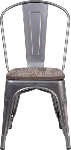 Miniatura 6 de Merrick Lane Silla de comedor apilable con respaldo de listones verticales de metal, marco recubierto transparente, asiento de madera de olmo