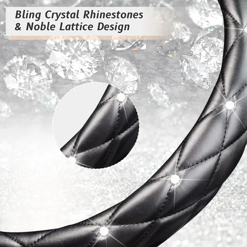 Miniatura 4 de KAFEEK Funda de Volante de Cuero Suave con Diamantes con Cristales Brillantes de Imitación, Universal de 15 Pulgadas Antideslizante, Accesorios Negro