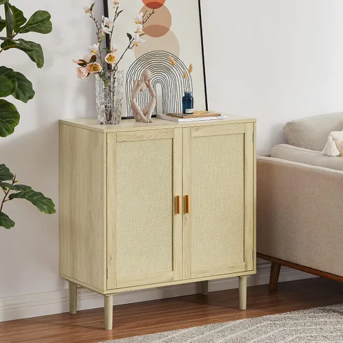 Miniatura 2 de Aparador de buffet Armarios de almacenamiento de cocina con puertas decoradas de ratán de madera natural, armario de licor, pasillo, mesa de consola