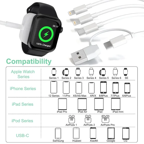 Miniatura 2 de Cable de carga universal 6 en 1 de viaje, cargador USB A/tipo C iWatch+Lightning*2+adaptador de cable tipo C Combo para Smart Watch Series