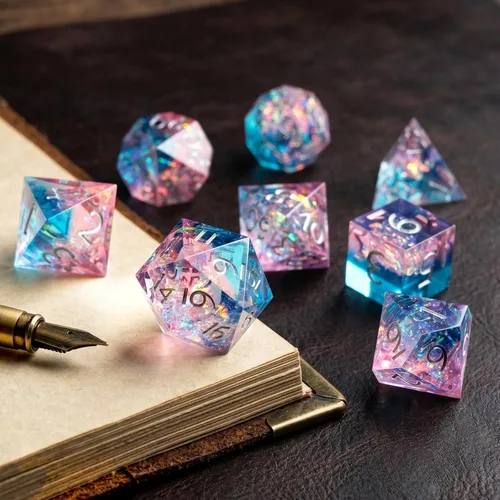 Miniatura 5 de Haxtec Juego de dados brillantes de borde afilado, dados DND de resina hechos a mano con inclusión de Mylar iridiscente, mezcla de color morado Azul